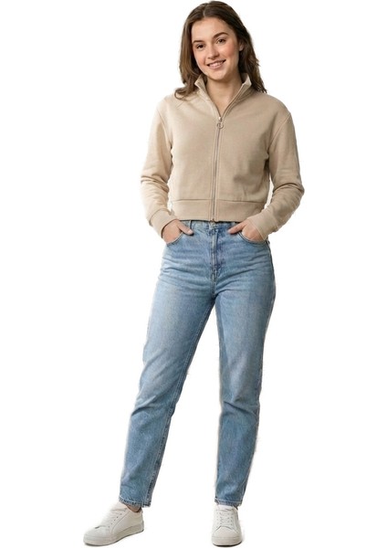 Scuba Kumaş Uzun Kollu Fermuarlı Crop Spor Ceket | Bej -Krem