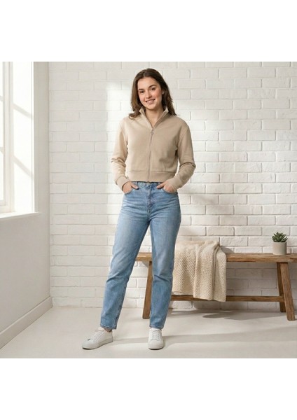 Scuba Kumaş Uzun Kollu Fermuarlı Crop Spor Ceket | Bej -Krem modelleri