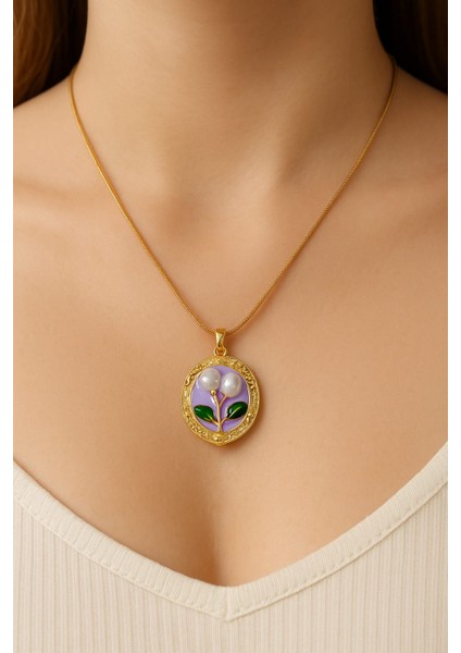 Mor Mineli Incili Çelik Kolye