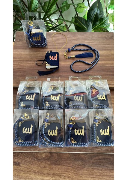 Denimayhediyelik Kadife Kaplı Mini Kuran ve Tespih Seti – Lacivert Hediyelik (10’lu – Şeffaf Asetat Çantalı) fiyatları