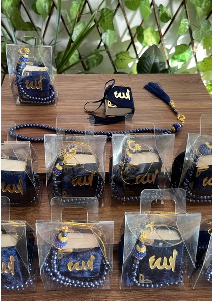 Denimayhediyelik Kadife Kaplı Mini Kuran ve Tespih Seti – Lacivert Hediyelik (10’lu – Şeffaf Asetat Çantalı) indirimleri