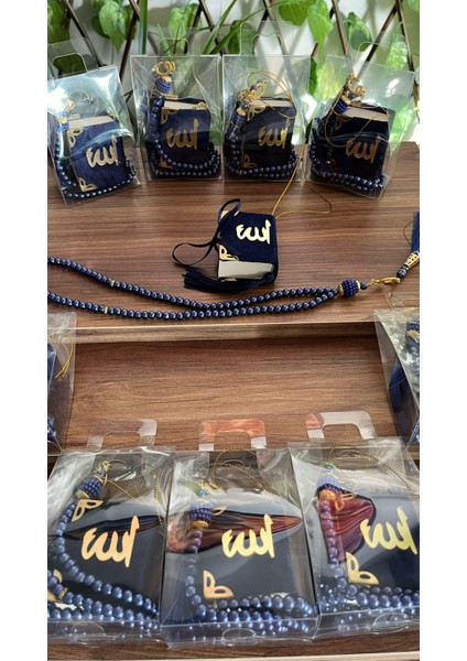 Denimayhediyelik Kadife Kaplı Mini Kuran ve Tespih Seti – Lacivert Hediyelik (10’lu – Şeffaf Asetat Çantalı)