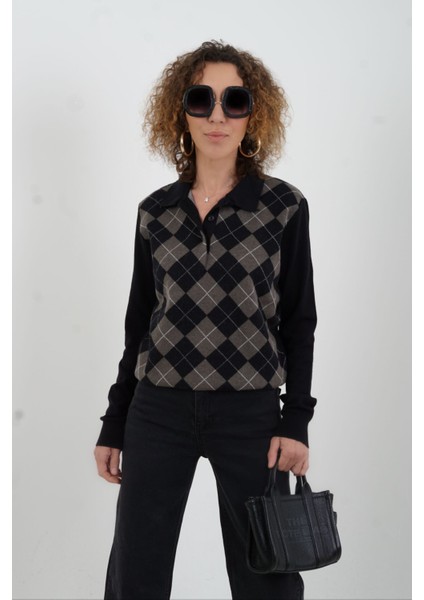 Siyah Baklava Desen Polo Yaka Kazak