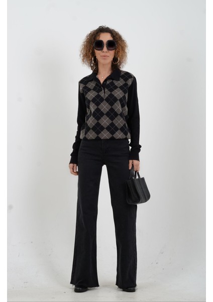 Siyah Baklava Desen Polo Yaka Kazak fiyatları