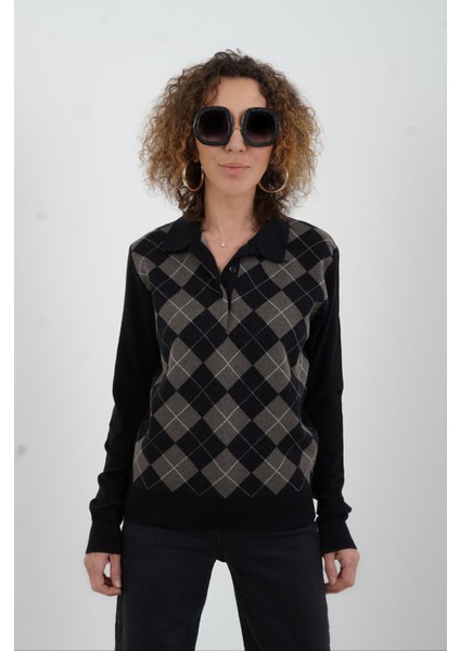 Siyah Baklava Desen Polo Yaka Kazak modelleri