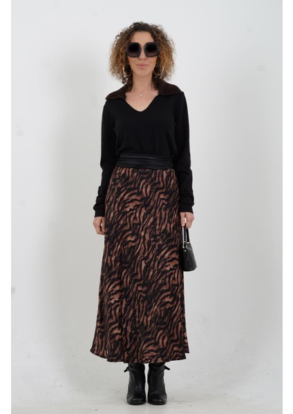 Kahve Desenli Saten Verev Etek