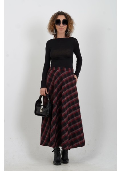 Siyah Bordo Ekoseli Cepli Etek