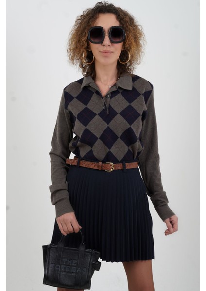 Lacivert Baklava Desen Polo Yaka Kazak