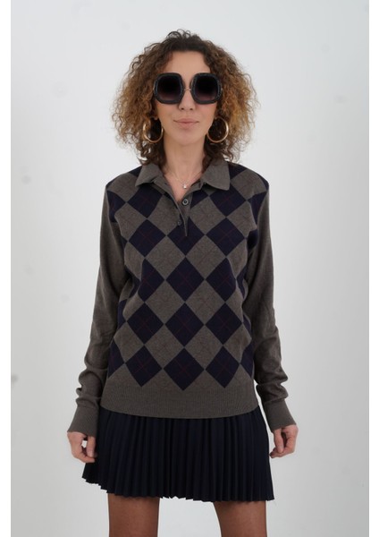 Lacivert Baklava Desen Polo Yaka Kazak modelleri