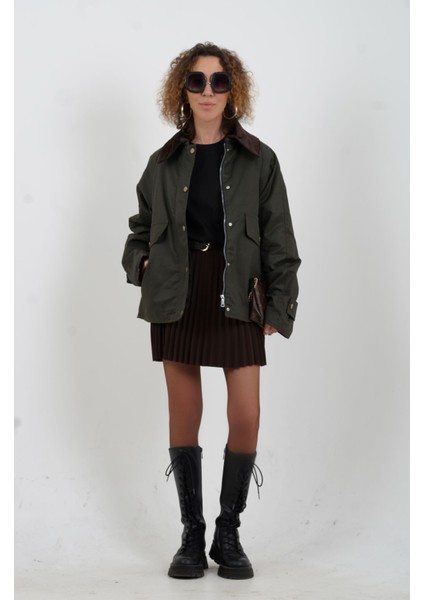 Haki Kadife Yaka Kapitoneli Ekose Ceket