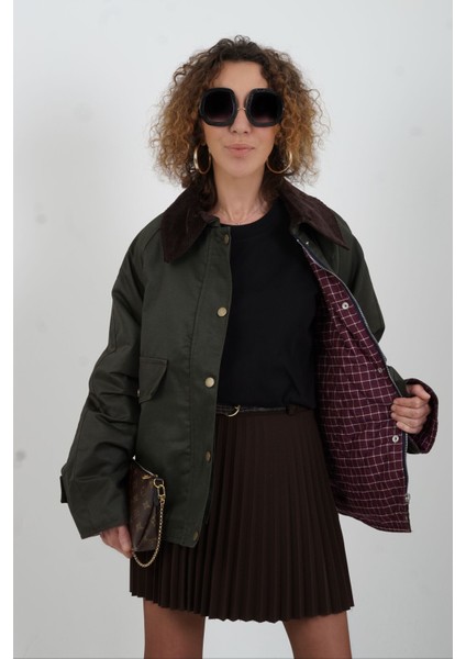 Haki Kadife Yaka Kapitoneli Ekose Ceket modelleri