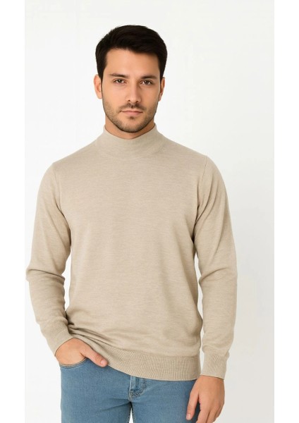 Erkek Yarım Boğaz Triko Kazak Yumuşak Dokulu Pamuklu Ince Dokuma, Uzun Kollu Rahat Regular Kalıp - Bej modelleri