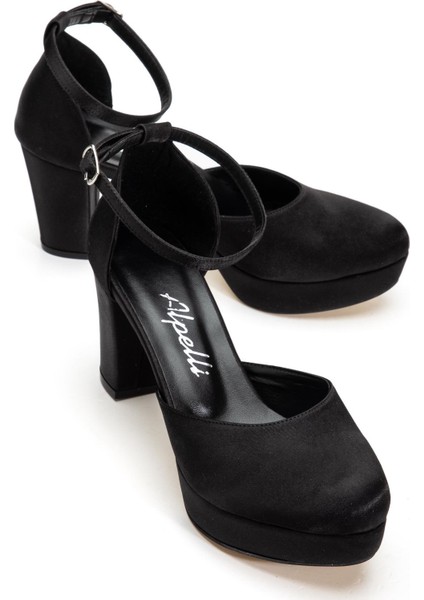 Kadın Siyah Saten Bilekten Bağlamalı Burnu Kapalı Koşma Garantili Platform Topuklu Abiye Ayakkabı fırsatları