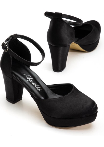 Kadın Siyah Saten Bilekten Bağlamalı Burnu Kapalı Koşma Garantili Platform Topuklu Abiye Ayakkabı indirimleri