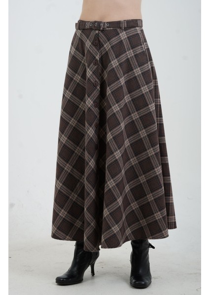 Kahve Vizon Önü Düğmeli Ekose Etek fiyatları