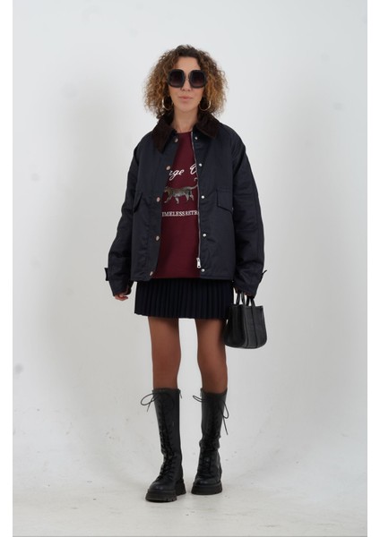 Lacivert Kadife Yaka Kapitoneli Ekose Ceket