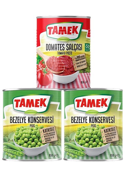 Bezelye Konservesi (830 Gr) 2 Adet ve Domates Salçası (830 Gr) 1 Adet