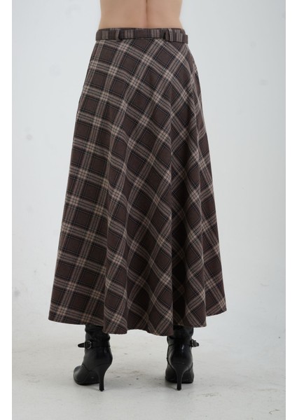 Kahve Vizon Önü Düğmeli Ekose Etek modelleri