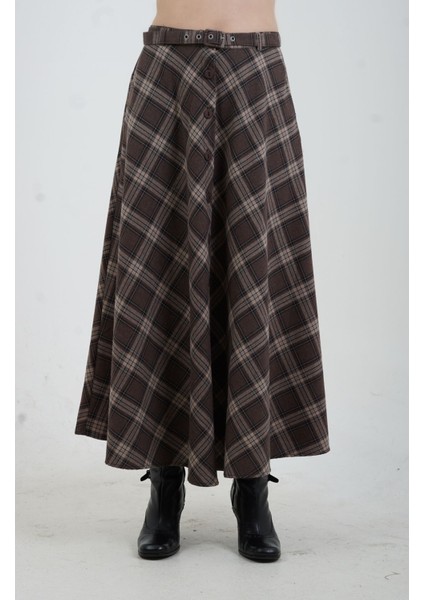 Kahve Vizon Önü Düğmeli Ekose Etek fırsatları