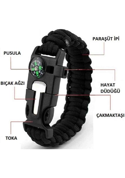 hayatta kalma bilekliği çakmak taşı, pusula, yüksek desibel düdük çok amaçlı bileklik fiyatları