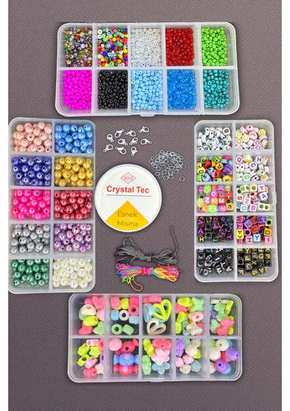 4 Kutu Takı Yapım Seti - Harf Boncuklu Hobi Seti | Kolye, Bileklik, Telefon Charm Yapma Boncuk Seti