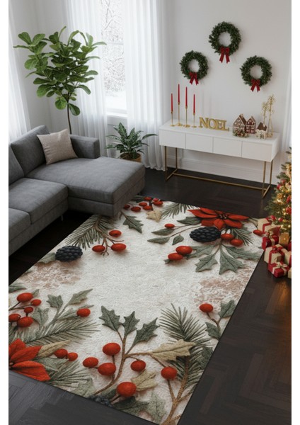 The Reef Kokina Çiçekli Christmas Temalı Bej Halı Dijital Baskılı Dokuma Kaymaz Tabanlı Yıkanır Yılbaşı Halısı