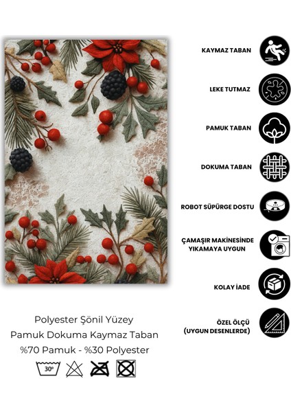 The Reef Kokina Çiçekli Christmas Temalı Bej Halı Dijital Baskılı Dokuma Kaymaz Tabanlı Yıkanır Yılbaşı Halısı