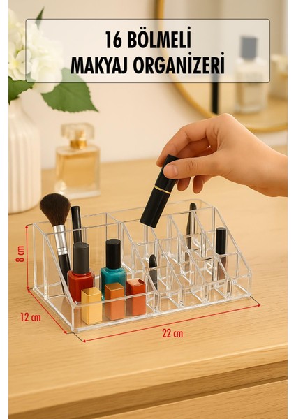 Şeffaf 16 Bölmeli Makyaj Organizeri Düzenleyici 12×22×8 cm