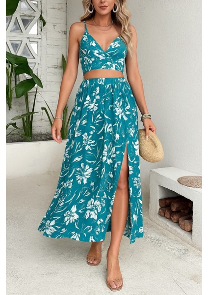 Kadın Ince Askılı Çiçek Baskı Desenli Crop Yırtmaçlı Etek Ikili Süprem Takım