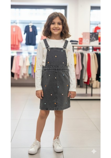 Kız Çocuk Kot Jile Elbise & Çiçek Desenli Body Takımı