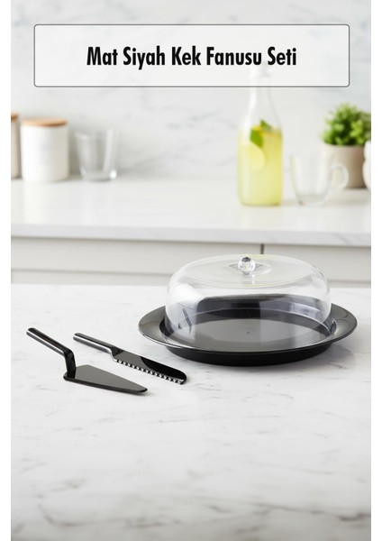 Akrilik Mat Siyah Kek Fanusu ve Servis Seti - 33 x 39 x 14 cm