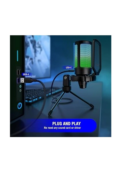 Pc Oyun Mikrofonu, USB Mikrofon, Yayın Podcast Stüdyosu Için, Mikrofon Standı ve Sessize Alma Tuşlu, Ps4 Ps5 Mac Için indirimleri