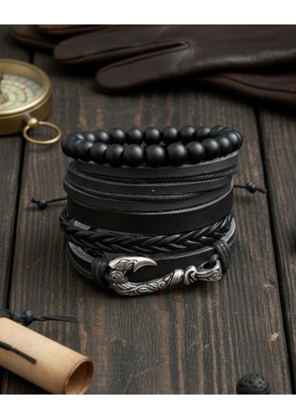 5'li Erkek Bileklik Denizci Kanca Tasarım Hakiki Deri Bileklik