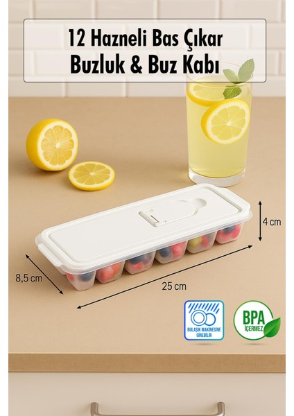 12 Hazneli Bas Çıkar Buzluk & Buz Kabı Mavi