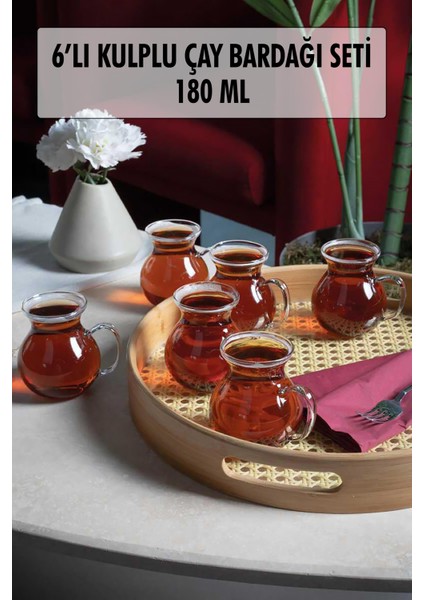 6'lı Keyfi Ala Borosilikat Cam Kulplu Çay Bardağı