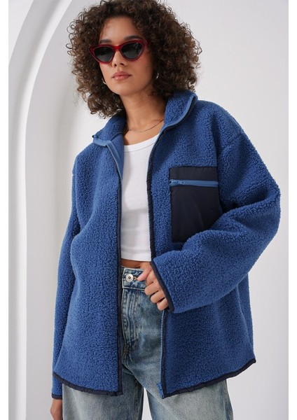 55446 Fermuarlı Oversize Peluş Ceket - Saks modelleri