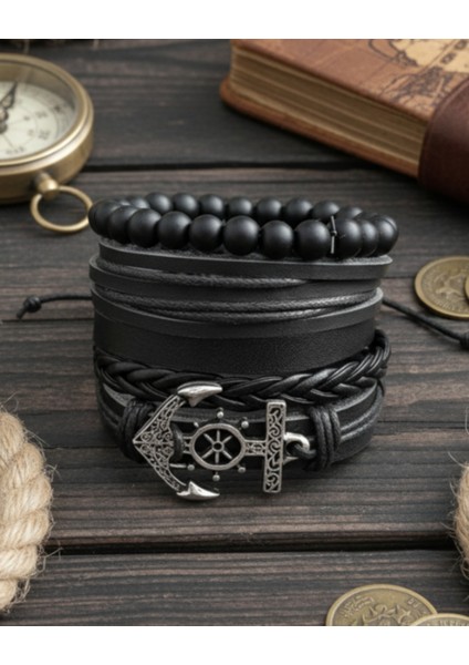 5'li Erkek Bileklik Denizci Çapa Tasarım Hakiki Deri Bileklik