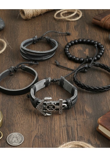 5'li Erkek Bileklik Denizci Çapa Tasarım Hakiki Deri Bileklik modelleri