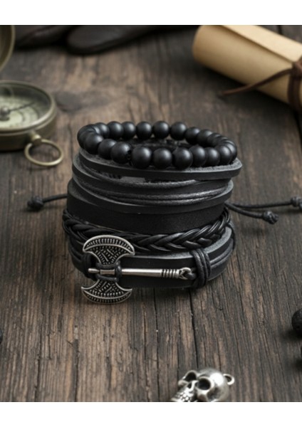 5'li Erkek Bileklik Çift Taraflı Balta Figürlü Hakiki Deri Bileklik