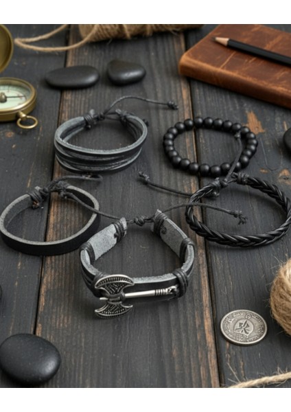 5'li Erkek Bileklik Çift Taraflı Balta Figürlü Hakiki Deri Bileklik modelleri