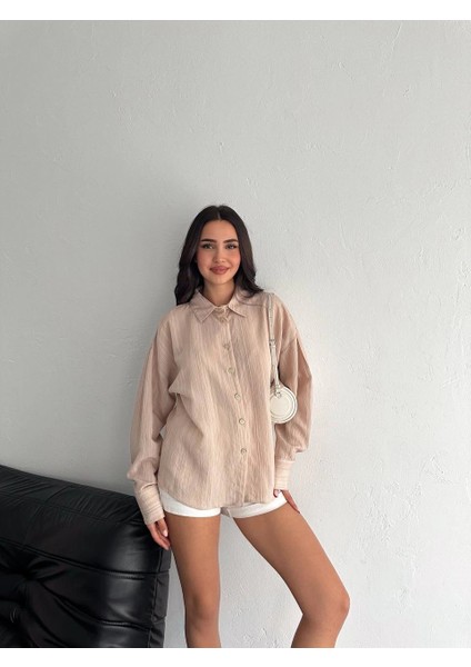 Drnds Çizgili Oversize Gömlek Bej (Beden: M) modelleri