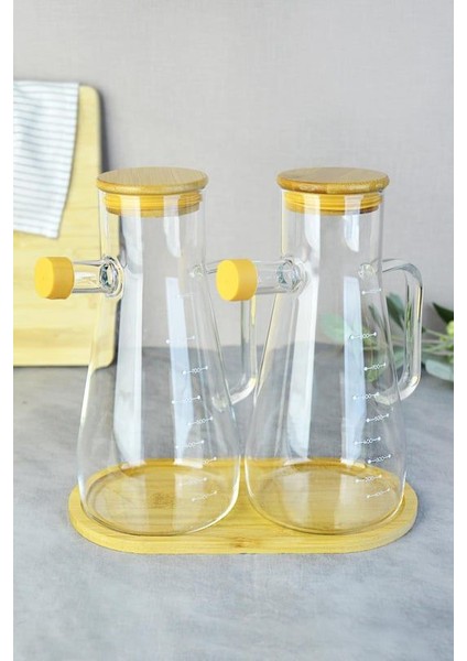 Borosilikat Standlı 2'li Bambu Kapaklı Cam Yağlık