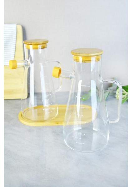 Borosilikat Standlı 2'li Bambu Kapaklı Cam Yağlık fiyatları