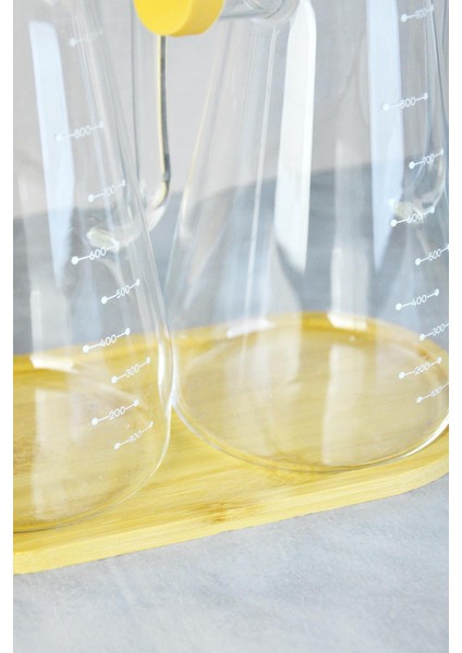 Borosilikat Standlı 2'li Bambu Kapaklı Cam Yağlık modelleri