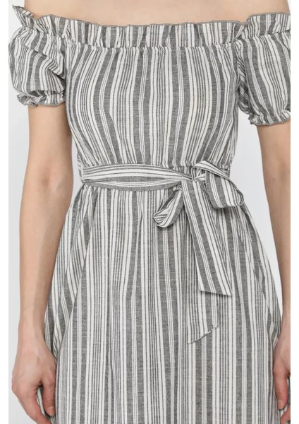 Drnds Madonna Yaka Midi Yırtmaçlı Kuşaklı Keten Elbise Gri (Beden: S) fırsatları