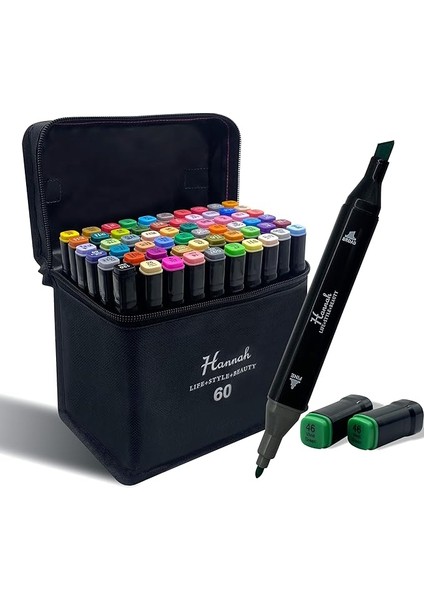 Adet Rengarenk Kalemden Oluşan Siyah Çantalı Çift Taraflı Marker Seti Standlı