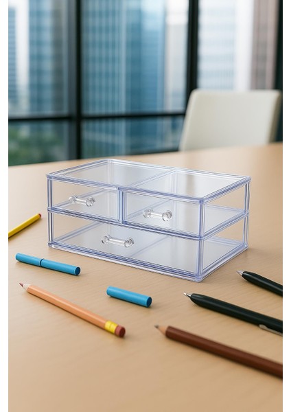 Şeffaf 3 Çekmeceli Kalemlik Düzenleyici Organizer 14×24×10 cm modelleri
