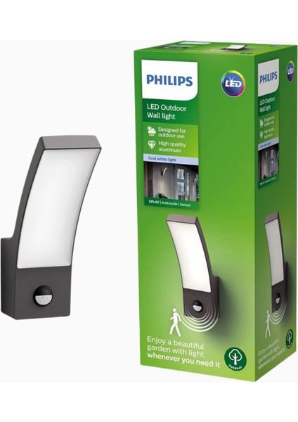 Splay LED Sensörlü Dış Duvar Lambası 12W 4000K Antrasit