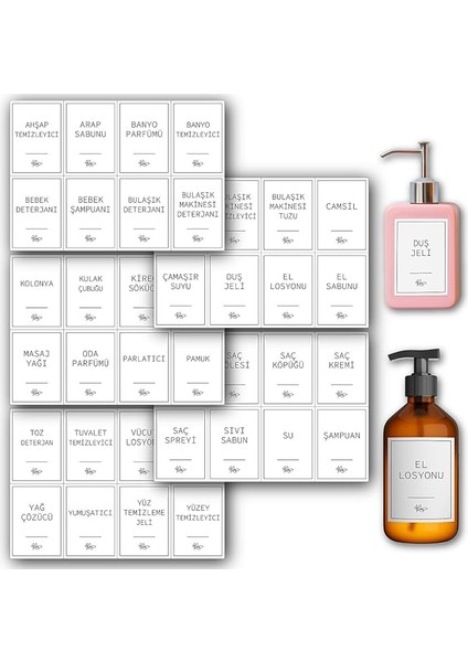 40 Parça Beyaz Banyo ve Mutfak Etiketi - Temizlik Malzemeleri Için Suya Dayanıklı Baskılı Sticker - Deterjan Kutusu Düzenleyici Kendinden Yapışkanlı Çıkartma Şişe Kutu Sabun Şampuan Etiketi (Beyaz)