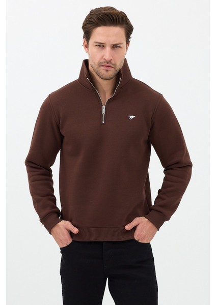 Regular Fit Dik Yaka Pamuklu Unisex Yarım Fermuarlı Nakışlı Sweatshirt Kahverengi - Xl